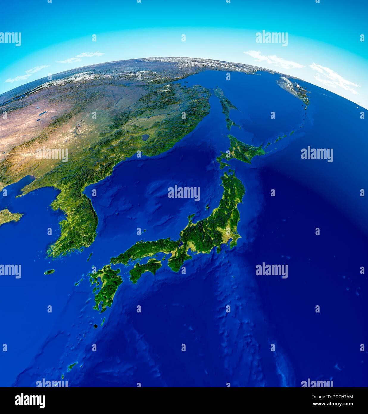 Globe map of Japan, North Korea and South Korea, physical map Asia, East Asia. Map with reliefs and mountains and Pacific Ocean, atlas, cartography Stock Photo