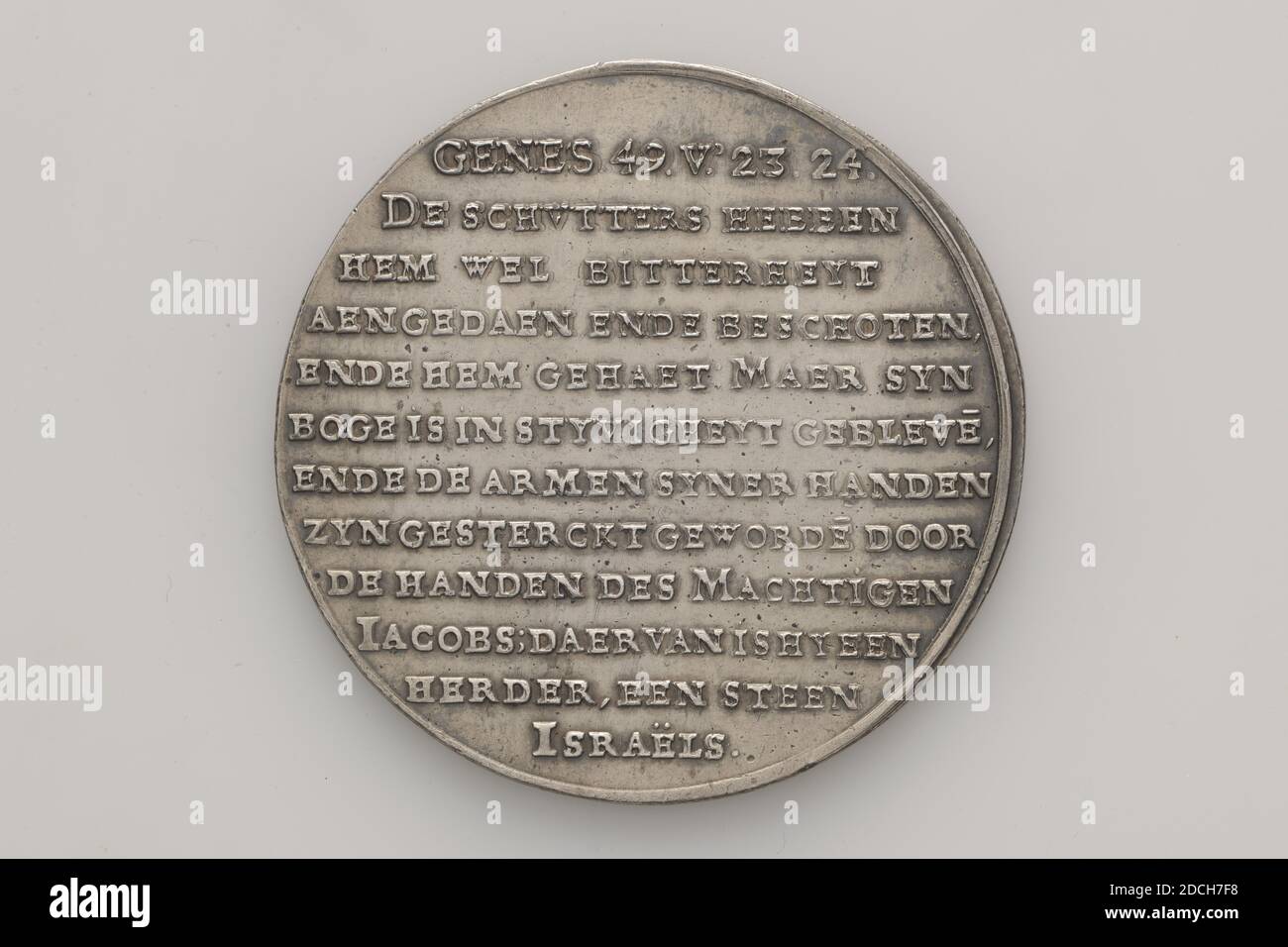 commemorative medal, Anonymous, 1678, minted, General: 5.2 x 0.1cm 52 x 1mm, Weight: 31.2g, Silver commemorative medal, minted in honor of Gijsbertus Voetius 1588-1676, private teacher of logic in Leiden, preacher at Heusden and Utrecht, 1678. On the obverse is the circular IN MEMORIA AETERNA ERIT IUSTUS PS. CXII.V.VI. It contains the inscription MONUMENTUM VENERANDI SENIS GISBERTI VOETII. S.S. TH. DOCT. PROFESS. ET FITS. IN ACAD. ET ECCLES. ULTR: POSTREMI SYNODI NAT. DORDRAC. MEMBRI PIÉ DE FVNCTI IPSIS KAL. NOV. MDCLXXVI NATI ANN. LXXXVII MAN VIII. DIES IX. On the verso is GENES 49 V. 23 24 Stock Photo