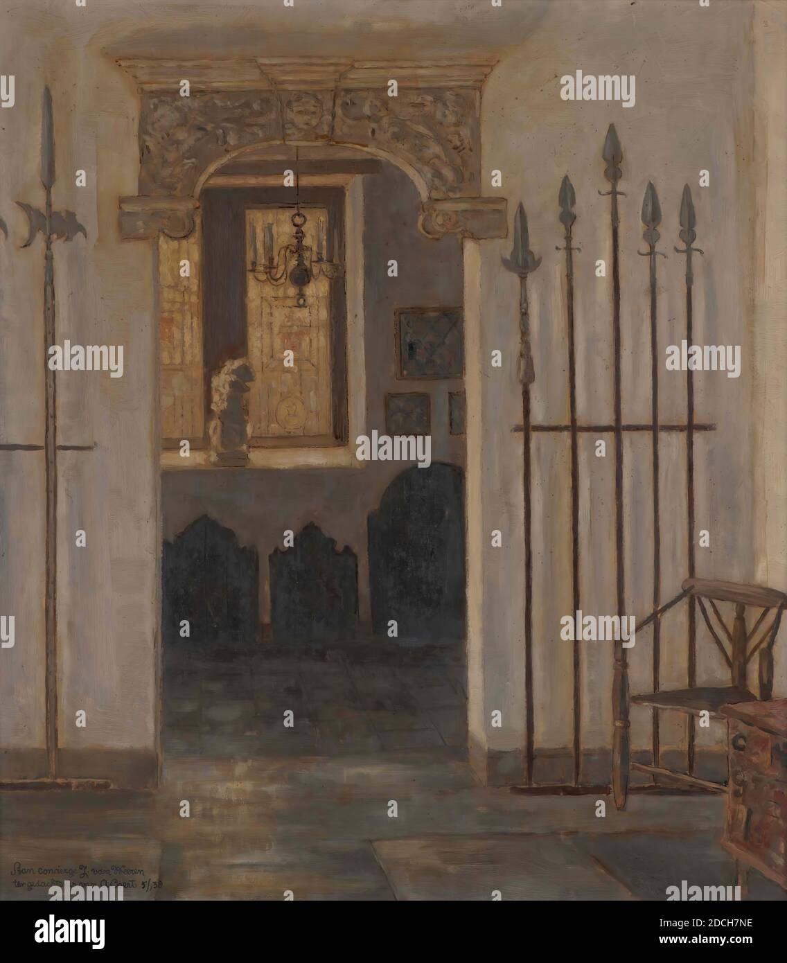 painting, Anthony Coert, January 5, 1938, Signature front, bottom left: To the janitor J. van Weeren in memory of A. Coert 5/1 38, panel, oil paint, painted, Carrier: 57.6 × 50.4 × 0.5cm 576 × 504 × 5mm, With frame: 65.8 × 58.9 × 3.8cm, 658 × 589 × 38mm, cloth hall, museum, interior, lead, Painting depicting the old hall of the Cloth Hall. Shown is the doorway with stick weapons exhibited to the right and left of it. A relief has been applied above the doorway. In the right corner is a chair next to a wooden cabinet with drawers. Through the doorway there is a view of space behind it: a room Stock Photo