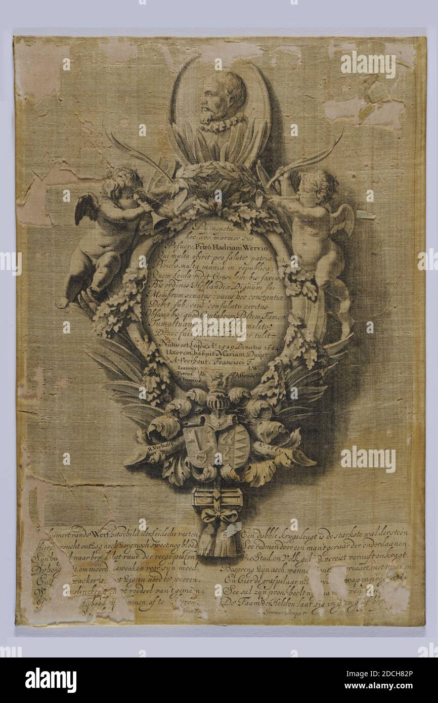 engraving, Pieter Philippe, 1661, Signature front, bottom left: P. Philippe sculpsit, front, bottom center: F [..] inaar scripsit, printed, Including cardboard carrier: 40.2 x 28.2 x 0.4cm 402 x 282 x 4mm , coat of arms sign, man's portrait, angel, Print of a copper engraving on yellow satin, depicting the memorial plaque for Pieter Adriaansz. van der Werf in the Hooglandse Church in Leiden. Top center the portrait of Van der Werf. Underneath a richly decorated medallion with two angels and at the bottom a winged helmet, two weapons and two tassels. Next to the weapons is R. Verhulst in 1661 Stock Photo