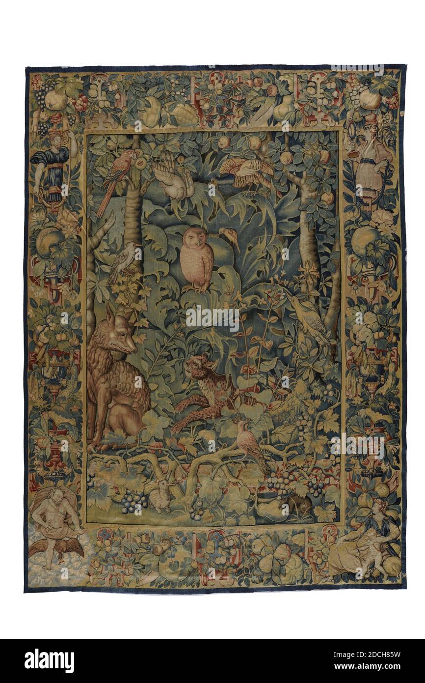 tapestry, Willem Andriesz. de Raedt, 1550 - 1558, woven, General: 312.5 x 231.5cm, cat, allegory, fox, rabbit, owl, cupid, venus, wolf, jupiter, lead, Painted room paneling with double doors, room paneling with one door and a mantelpiece, part of an 18th century interior. The paneling is made up of panels placed in frames which are provided with simple wood carvings. The compartments in both the single and double door paneling are lined with a modern yellow fabric. The chimney piece is also provided with rich wood carvings. The mantelpiece is made of gray marble, with a cut frame for a mantel Stock Photo