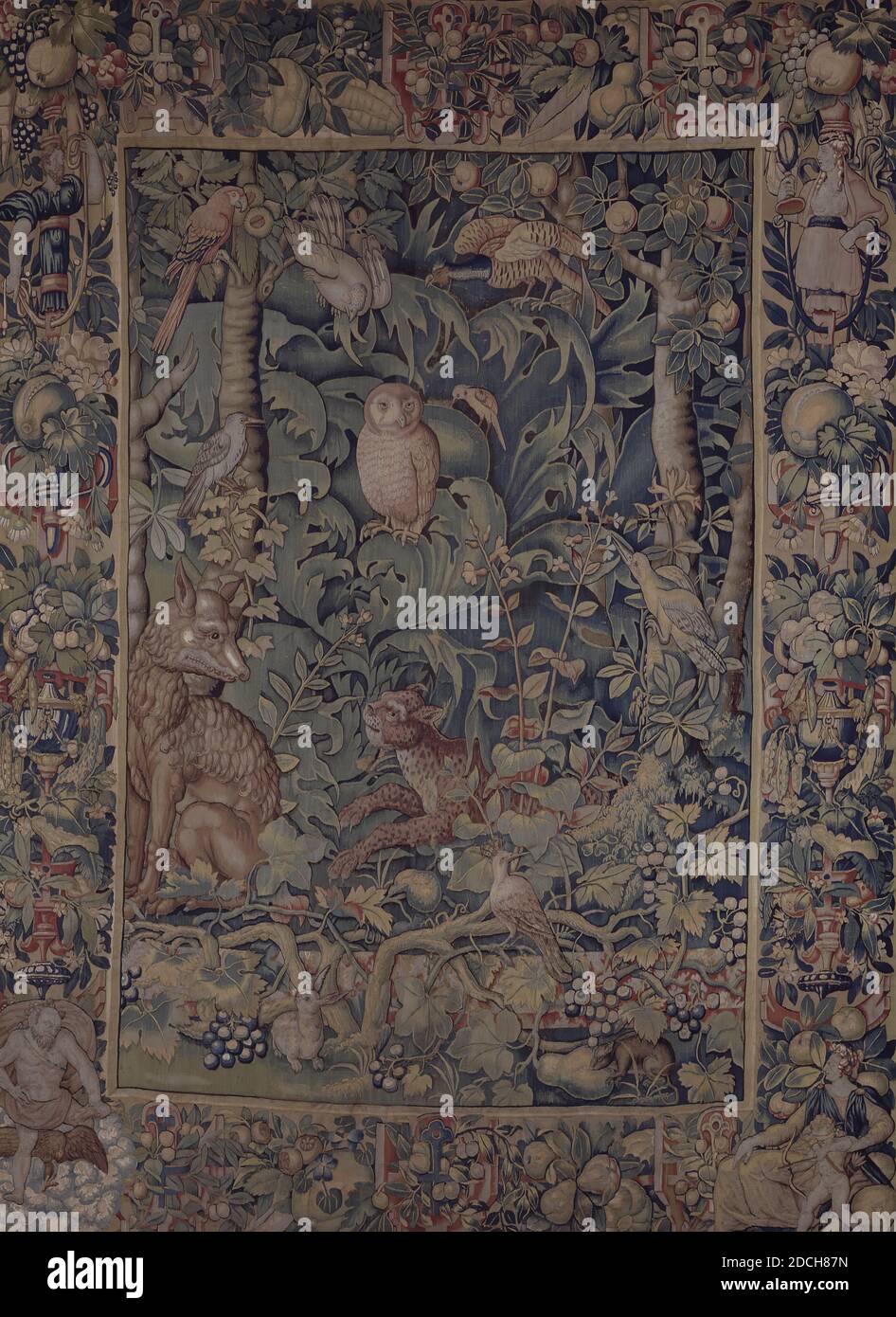 tapestry, Willem Andriesz. de Raedt, 1550 - 1558, woven, General: 312.5 x 231.5cm, cat, allegory, fox, rabbit, owl, cupid, venus, wolf, jupiter, lead, Painted room paneling with double doors, room paneling with one door and a mantelpiece, part of an 18th century interior. The paneling is made up of panels placed in frames which are provided with simple wood carvings. The compartments in both the single and double door paneling are lined with a modern yellow fabric. The chimney piece is also provided with rich wood carvings. The mantelpiece is made of gray marble, with a cut frame for a mantel Stock Photo