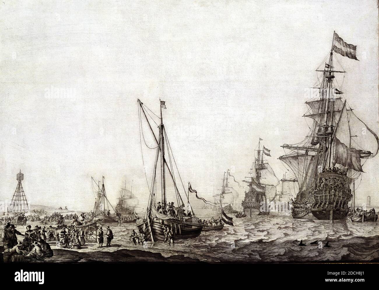 Departure of the Dutch Fleet the 9th of June 1645, drawing, Willem van de Velde the Elder, c. 1650, Signature front, bottom center: WVVeld [e], panel, Indian ink, signed, Carrier: 74.3 x 105 , 4 x 0.4cm 743 x 1054 x 4mm, With frame: 96.3 × 126 × 7.8cm 963 × 1260 × 78mm, seascape, history painting, sailing ship, Brush drawing depicting a seascape: sailing out of the Dutch fleet van de Vlieree on 9 June 1645. On the right the admiral ship Brederode sails from Witte de With, preceded by three ships, including the vice admiral ship the House of Nassau commanded by Joris van Cats. Left for some Stock Photo