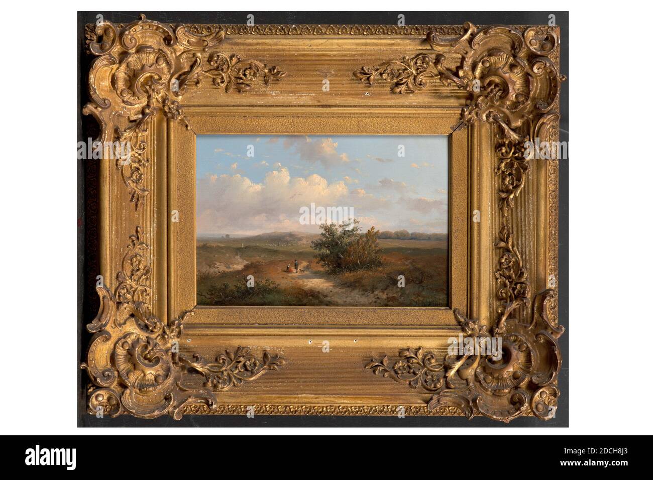 painting, Anthonie Jacobus van Wijngaerdt, 1851, Signature front, bottom right: AJ v. Wijngaerdt f 1851, panel, oil paint, painted, Carrier: 16.6 × 24 × 1cm 166 × 240 × 10mm, With frame: 36.5 × 43, 8 × 5cm 365 × 438 × 50mm, landscape, woman, dog, man, Painting depicting a hilly landscape. In the right foreground is a large shrub. To the left of the bush is a dirt road on which a woman with a red skirt sits with a standing man with a dog. The man is leaning on a walking stick. In the background is a flock of sheep. The hilly slope is hazy and contains trees. Signed bottom right. The painting is Stock Photo