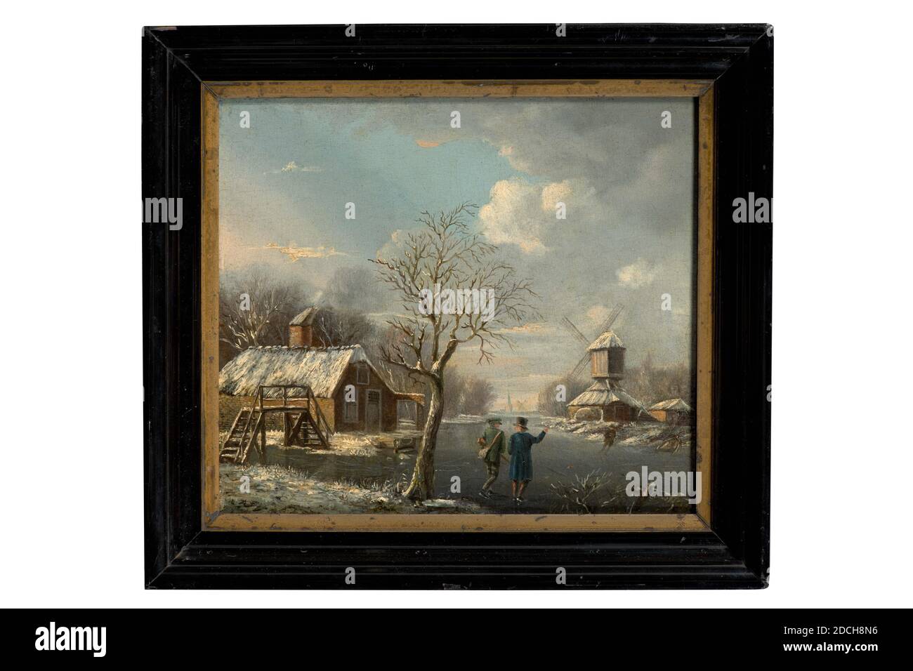 painting, Jan Gerardus Cassteelen, first half of 19th century, Signature front, bottom right: Casteelen, panel, oil paint, painted, Carrier: 20.3 × 23.7 × 0.5cm 203 × 237 × 5mm, With frame: 26.8 × 29 , 6 × 2.9cm 268 × 296 × 29mm, skates, church, mill, winter landscape, man, ice scene, tree, farm, Painting depicting a winter landscape. A frozen river stretches from front right to mid back. There is a farm on the left of the river. In front of the farm, a bridge leads over the fork of the river. To the right of the river is a mill. In the foreground, to the right of a tree, are two skating men Stock Photo