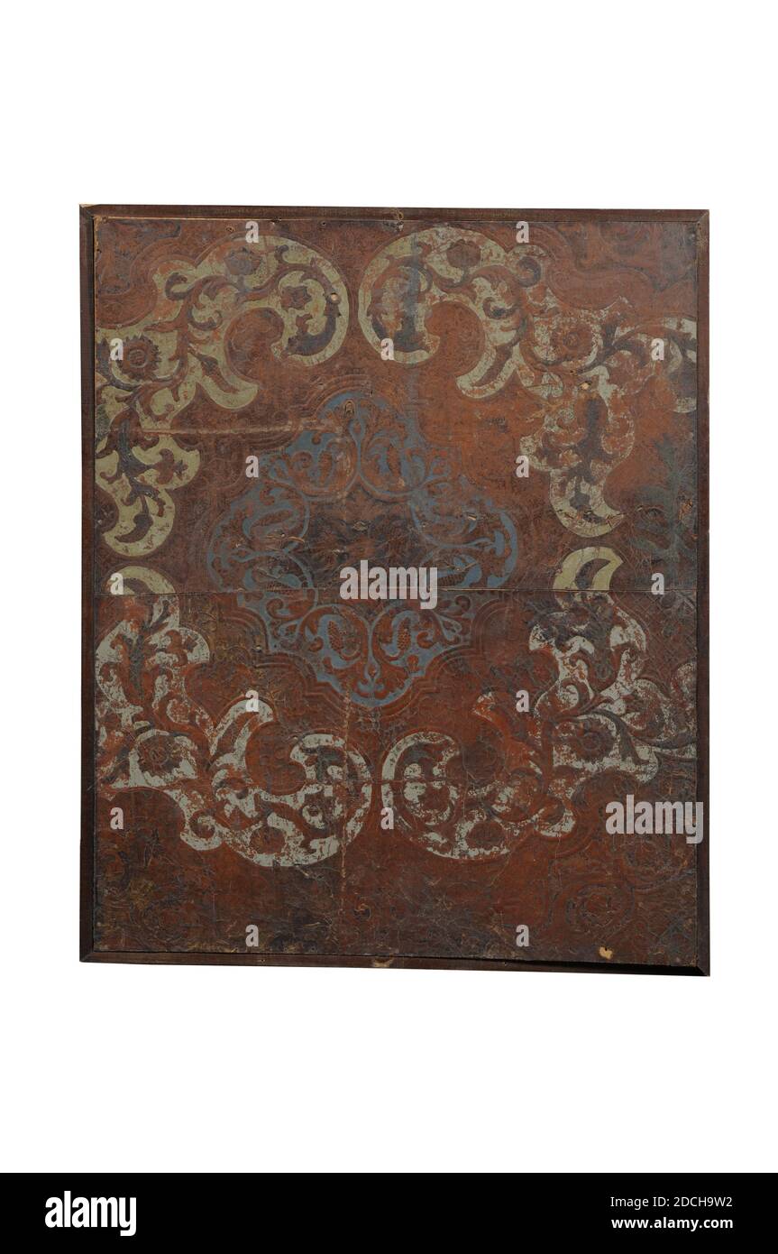 wallpaper, Anonymous, 17th century, wood, plywood, paint, leather, silver, Steel gold leather with a representation of curly motifs in brown with blue and green. The leather consists of two parts. The pattern continues across the parts. The wallpaper was later attached to a plywood plate and placed in a narrow wooden frame. On the back is an X written on the frame, Dimensions With frame: 60.5 x 50.2 x 1cm 605 x 502 x 10mm, Largest fragment: 72 x 58 x 0.2cm 720 x 580 x 2mm, Smallest fragment: 7, 8 x 6.3 x 0.2cm 78 x 63 x 2mm Stock Photo