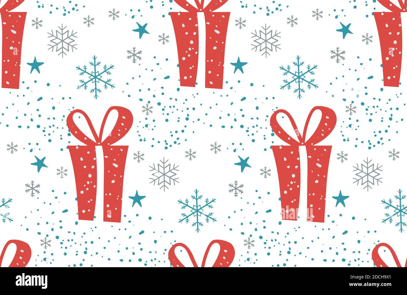 Winter Gift Christmas seamless pattern. red gifts, blue snowflakes