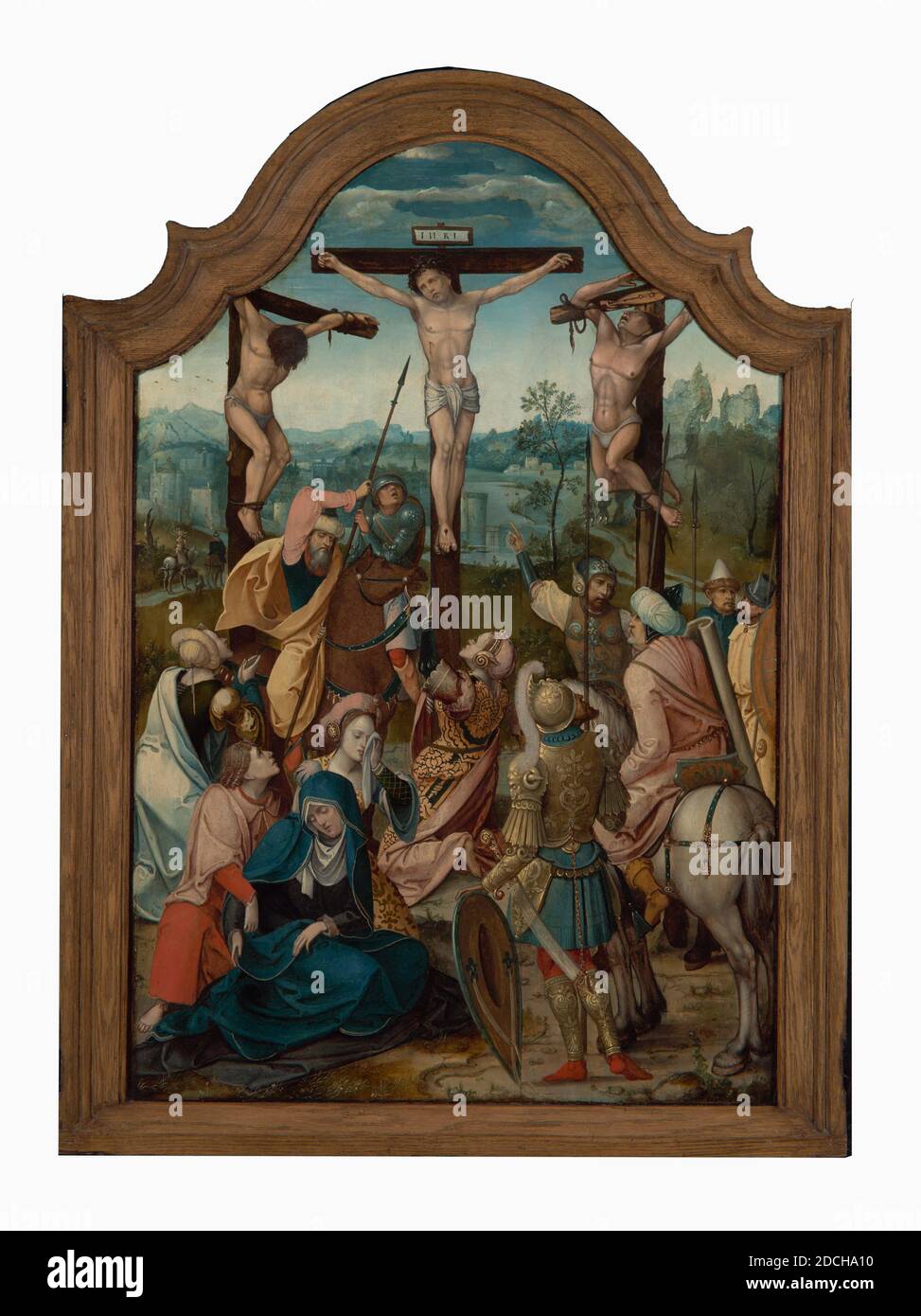 Anonymous, c. 1530, panel, oil paint, painted, Carrier: 108 × 71cm 1080 × 710mm, With frame with hanging ring: 125.5 × 86 × 4cm 1255 × 860 × 40mm, horseman, landscape, soldier, biblical representation, maria magdalena , mary, christ, cross, Central panel of a triptych with a biblical representation: the crucifixion of Christ. In the center, Christ hangs on the cross, head to the left. On both sides, the two culprits hang from the cross, the left one lowering the head and the right raising the head. To the left of the cross is a warrior who helped blind Longinus, seated on a brown horse, to Stock Photo