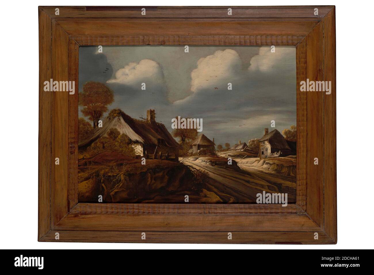 painting, Cornelis van Zwieten, 17th century, panel, oil paint, painted, Carrier: 48.3 × 35.5 × 1cm 483 × 355 × 10mm, With frame: 51.2 × 64 × 3.5cm 512 × 640 × 35mm, landscape, house, farm, painting depicting a landscape with four farmhouses. From the right in the foreground, a dirt road that splits in two leads to the left to the depth. Left in the foreground a thatched house half hidden under the wood. Between the fork a second right on the other side of the road, on the gently sloping terrain, the other two houses. Not signed. The painting is in a wooden frame, 1872 Stock Photo