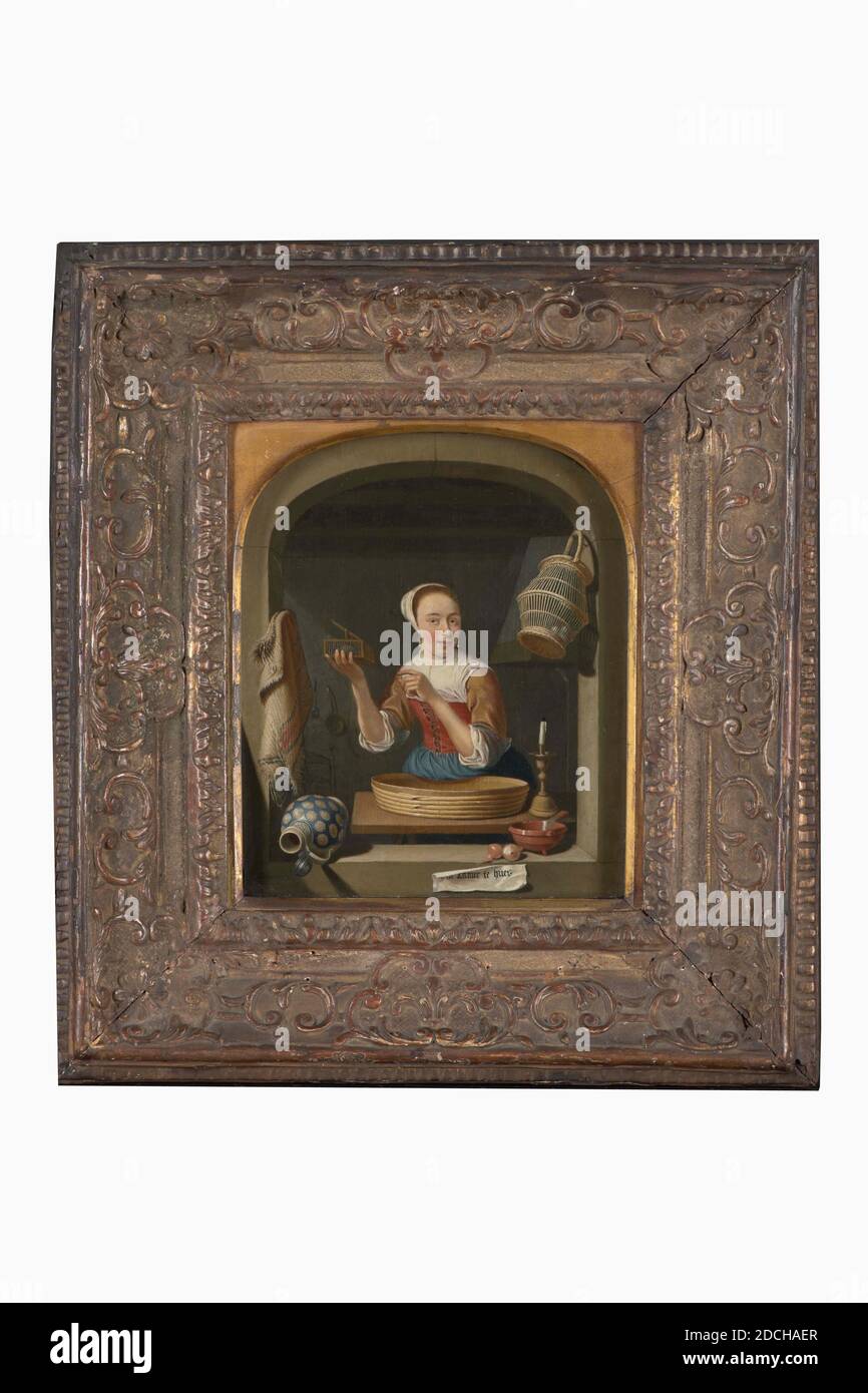 Young woman with mousetrap, painting, Abraham Snaphaen, 1682, Signature front, bottom left: A. Snaphaen 1682, panel, oil paint, painted, Carrier: 21.2 × 18 × 1.1cm 212 × 180 × 11mm, With frame: 37.5 x 33.5 x 6.5cm 375 x 335 x 65mm, woman, genre, interior, Painting depicting a young woman with a mousetrap. Seen through the stone, arched window opening above, a young woman is standing behind a table. She is half visible, the body a little to the left and the head slightly accustomed to the right. She holds up a mousetrap with the right hand and notices the viewer with the left. She is wearing a Stock Photo
