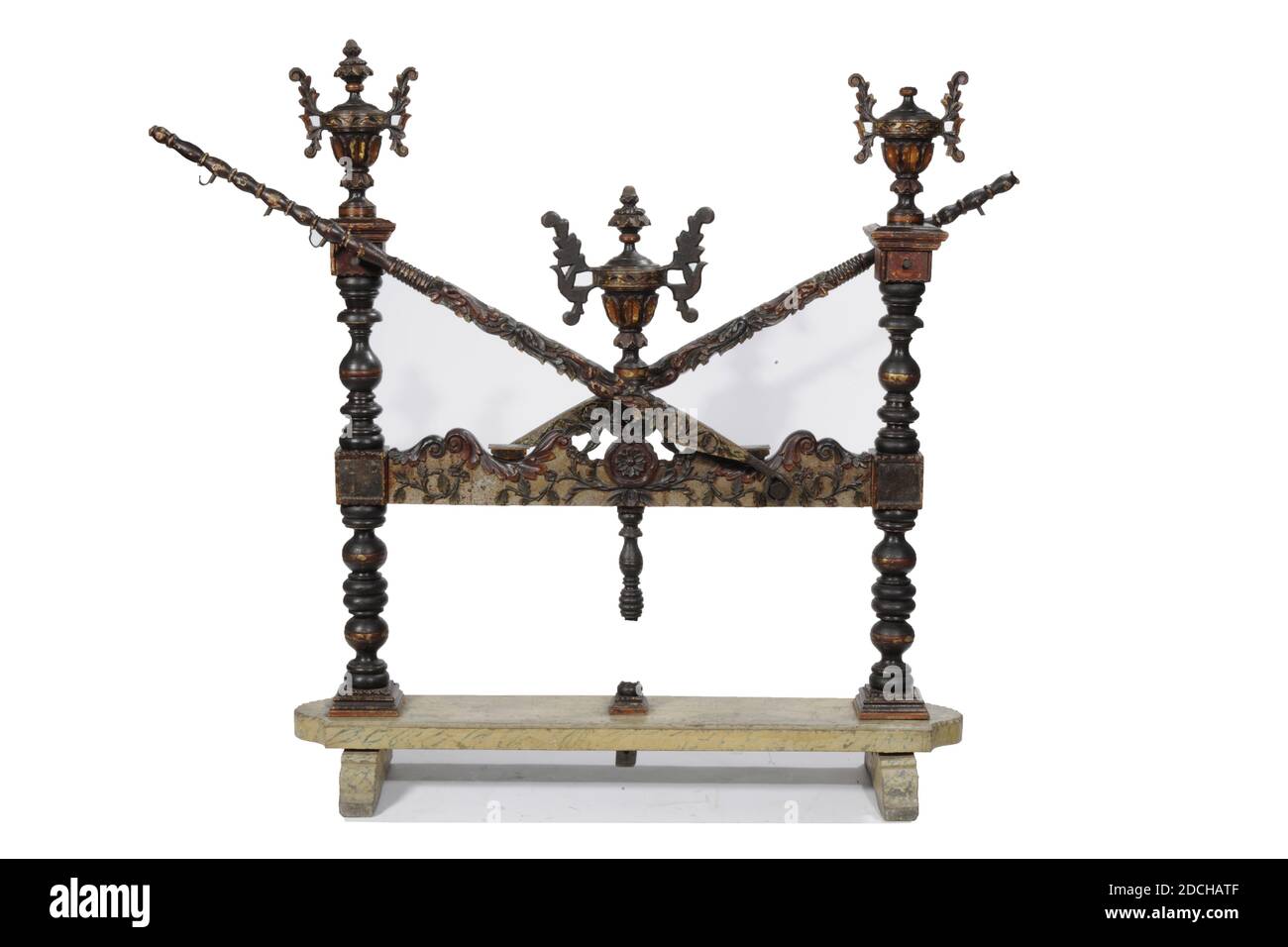 cheese press, Anonymous, approx. 1700, wood, metal, Without levers: 178 x 156.5 x 40cm 1780 x 1565 x 400mm, With levers, at maximum width: 178 x 264 x 40cm 1780 x 2640 x 400mm, Levers: 7 x 168 x 5cm 70 x 1680 x 50mm, flower, Haarlemmermeer, Wooden cheese press, Louis XVI style, consisting of a rectangular plateau with rounded corners and standing on two trailing legs, on which are two vertical bars with a horizontal crossbar. The vertical bars contain button shapes. On the vertical bars and in the middle of the horizontal bar is a vase shape with curl motifs on the sides and a button shape on Stock Photo