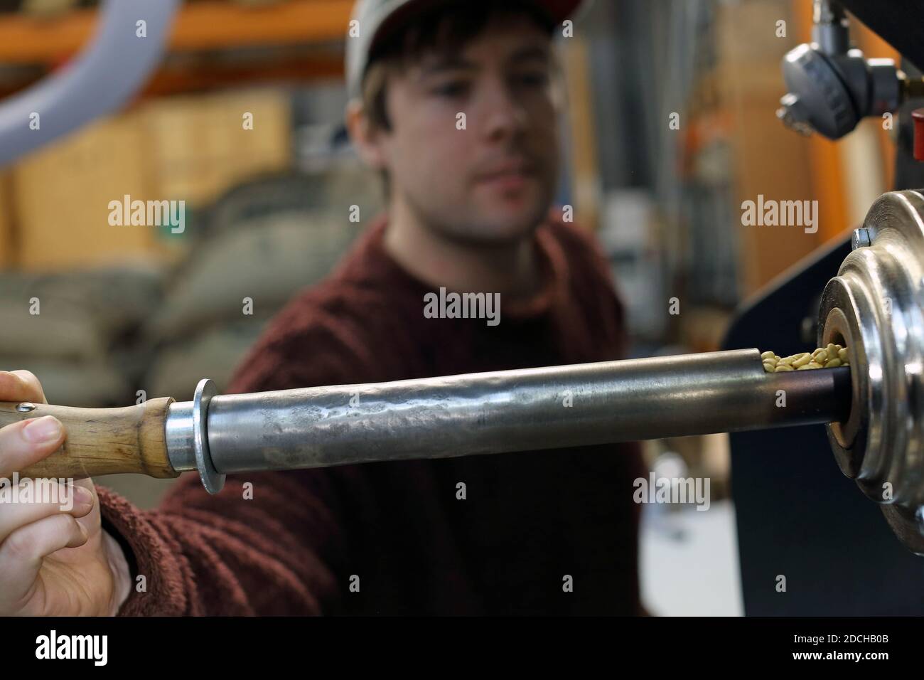Roaster checking the progress of his roast Stock Photo Alamy