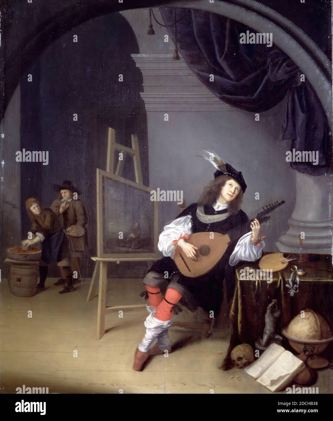 Luteplaying painter, painting, Johan van Swieten, c. 1655, Signature front, on the bottom of the easel: Johan van Swieten, panel, oil paint, painted, Overall dimensions according to catalog 1983: 65.2 × 53.1cm 652 × 531mm, With frame: 87.3 x 75.6 x 7.3cm 873 x 756 x 73mm, allegory, making music, skull, lute, artist, studio, interior, Allegorical depiction of self-indulgence, depicted as a painter playing lute in his workroom. In a room closed high by a round arch, almost straight forward and leaning against a table placed to the right in front of a pillar, a painter plays a lute resting on his Stock Photo