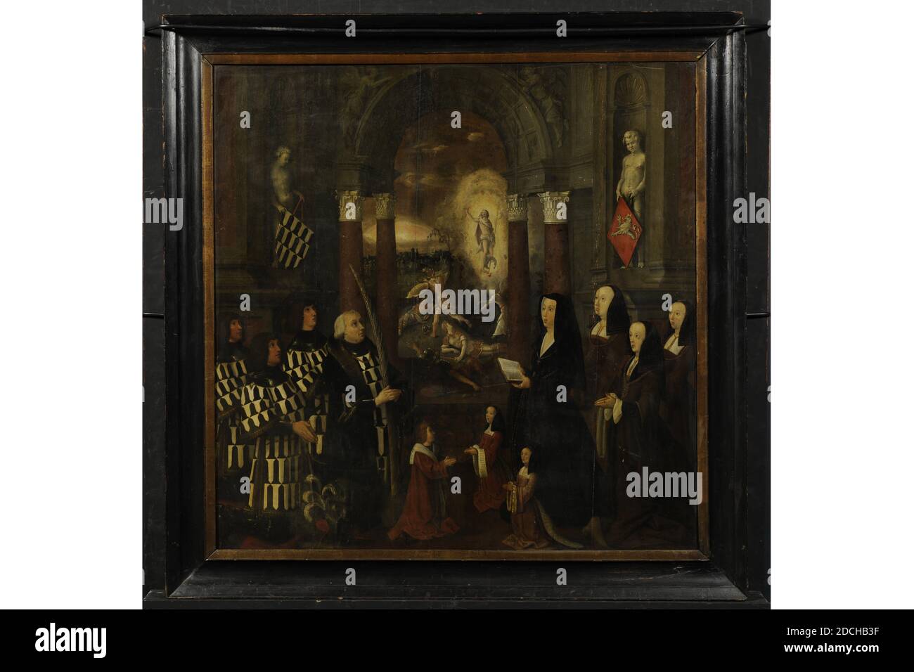 painting, 15 [9?], panel, oil paint, painted, With frame: 123 × 123 × 5cm 1230 × 1230 × 50mm, biblical representation, family crest, group portrait, christ, Memorial table of the Van Boshuyzen family. In the left foreground are four men and a kneeling boy; in the right foreground four women and two kneeling girls. In the center you can see a building with a vault resting on four columns, which gives a view of a biblical representation: the resurrection of Christ. The front of the group of men portrayed has a palm branch in his hands; of the group of women portrayed, the front one has a book in Stock Photo