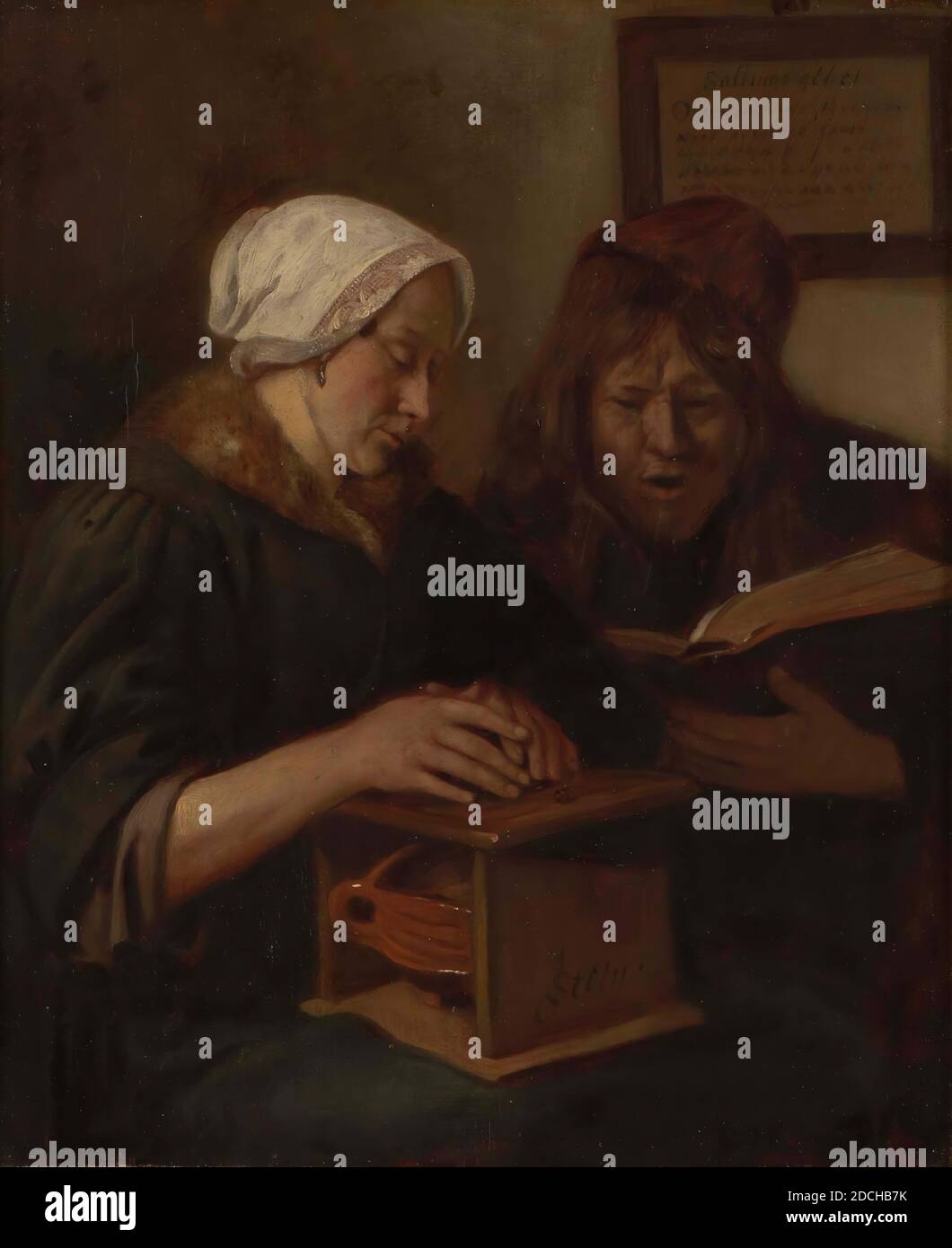 Couple, warming and reading the Bible, Couple reading the Bible, painting, Jan Steen, c. 1650, Signature front, bottom center, on stove: J. Steen J and S in one, panel, oil paint, painted, Carrier: 30 × 24 × 2cm 300 × 240 × 20mm, With frame: 45.5 × 40.3 × 4.5cm 455 × 403 × 45mm, bible, woman, reading, genre, man, Painting depicting a man and a woman resembling the painter and his wife. The man, pictured on the right, reads from the Bible. He is depicted right in front and supports the Bible with his left hand. The woman, pictured on the left, warms her hands on an oven she has on her lap. She Stock Photo