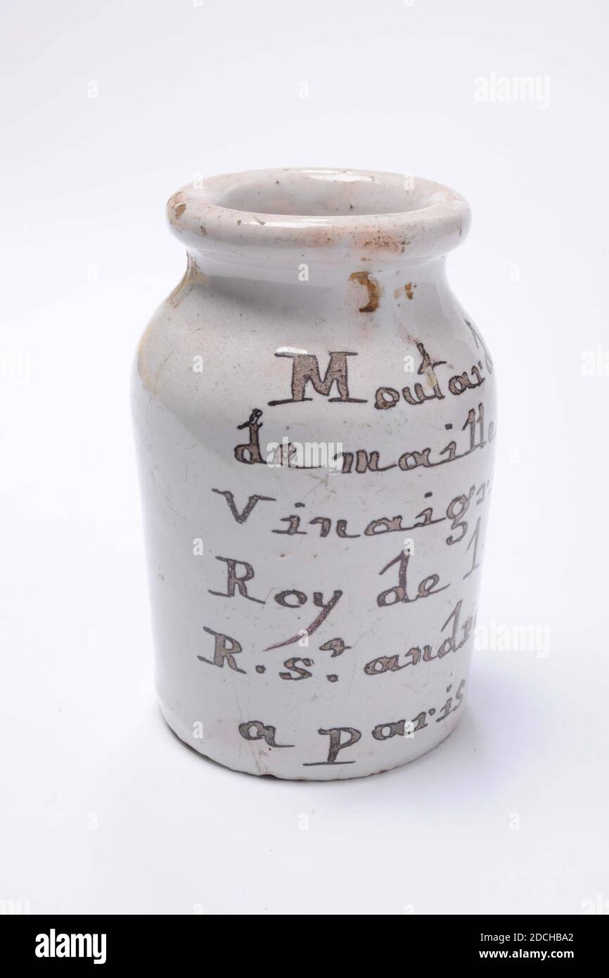 mustard pot, Anonymous, 18th century, tin glaze, earthenware, Mustard pot  of red fired earthenware, inside and outside with white tin glaze. The pot  has a cylindrical body with a flat bottom and