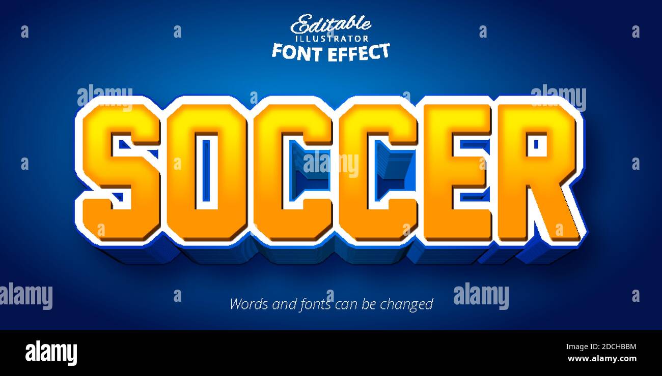 Soccer text, 3d white and yellow editable font effect Stock Vector
