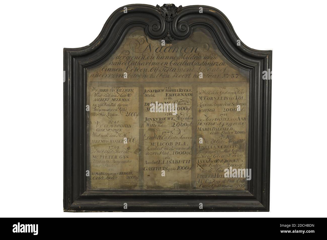 list of names, Anonymous, 1737-1789, canvas, wood, oil paint, The names of the patrons of the St. Catharina and Caecilia guesthouse, 1737-1789, painted on canvas, divided into three columns. The canvas is placed on a panel in a profiled frame with two s-shaped arches at the top that converge towards the middle and each end in a volute. Above it a padding of acanthus leaf and below it a vine with grapes. At the back of the frame on iron brackets two iron chains with links and a ring to hang the frame, With frame: 230 x 234 x 13cm (2300 x 2340 x 130mm Stock Photo