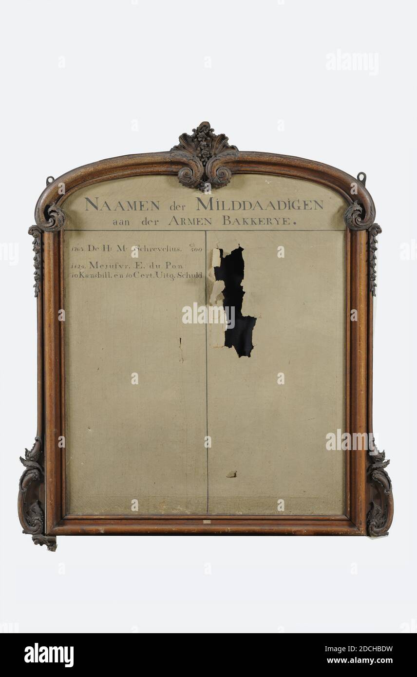 Anonymous, between 1763-1824, canvas, wood, List of names of the benefactors ('bountiful') at the Poor Bakery, 1763-1824, on canvas, originally in a carved frame, now with a carved wooden frame. On the canvas is painted at the top NAMES of the MILD THOSE of the ARMEN BAKKERYE with two columns underneath. In the left column are two dates, 1763 and 1824, with a name behind both dates, Dimensions Name list: 127 x 111 x 1.5cm (1270 x 1110 x 15mm), Frame: 152 x 139 x 6cm (1520 x 1390 x 60mm) , Fragment frame: 18.4 x 109.4 x 3.3cm (184 x 1094 x 33mm Stock Photo
