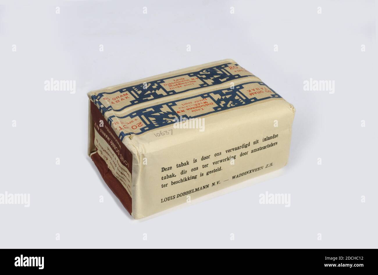 tobacco wad product packaging, Louis Dobbelman N.V, 1945, tobacco, paper, General: 10.3  x 7.2 x 4.7cm (103 x 72 x 47mm), Package of amateur tobacco, 50 grams. Was  processed from tobacco leaves grown by