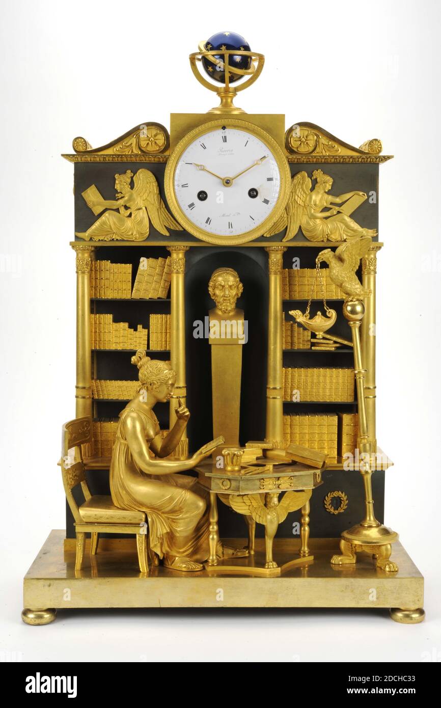 mantel clock, c. 1810, bronze, gilded, gilded, General: 53.5 x 35 x 18cm (535 x 350 x 180mm), eagle, reading, library, angel, woman, interior, Empire style mantel clock made of fire gilded bronze on slate blackened share. The timepiece has a white enamel dial with black Roman numerals and gold-plated hands. The dial is placed above a depiction of a bookcase or library with a niche in the center with a bust of Homer on a high flared base. On either side of the niche are two bookcases filled with bookbindings. The frieze on top with the dial is flanked by two reading winged female figures. On Stock Photo