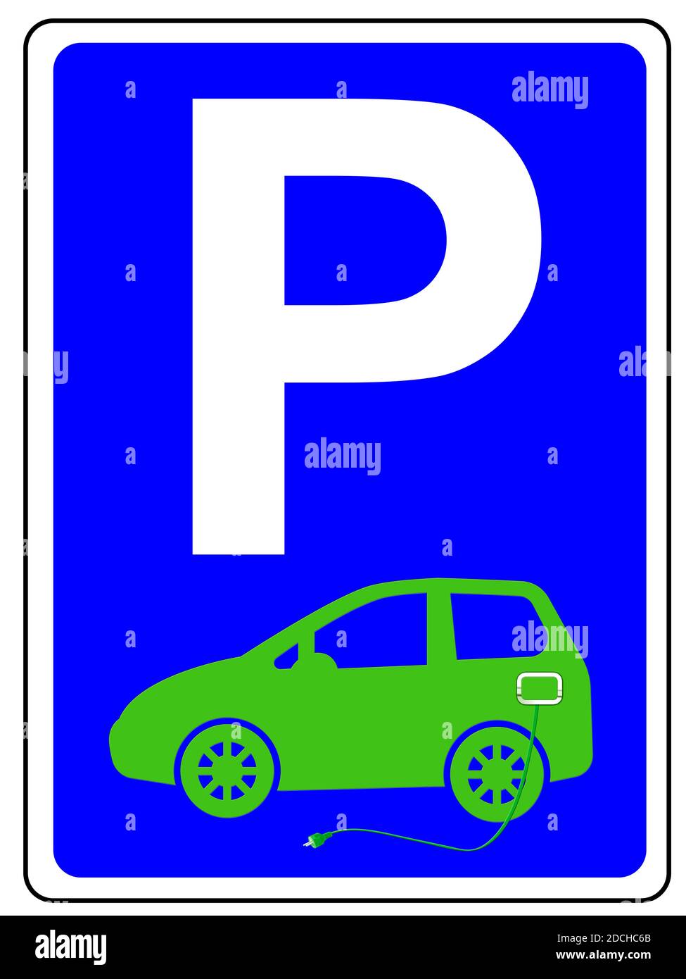 Parkplatz Schild mit E-Auto und Ladekabel Stock Photo