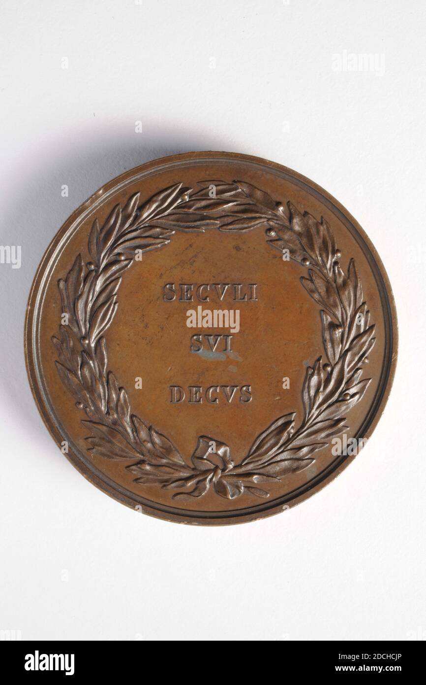 medal, David van der Kellen II, 1834, minted, General: 5.3 x 0.3cm (53 x 3mm), Weight: 51.5g, man's portrait, head, Silver medal, minted in honor of Willem Bilderdijk, 1834. On the front shows a head of a man's figure, Bilderdijk, in profile and facing left. Under the heading is the inscription VAN DER KELLEN F .. Around this is the circular GVIL. BILDERDYK. WET. AMSTEL. VII SEPT. MDCCLVI OBIIT HARL. XVIII DEC. MDCCCXXXI. On the back is a laurel wreath with a bow in the bottom center, with the inscription SECVLI SVI DECVS, 1892 Stock Photo