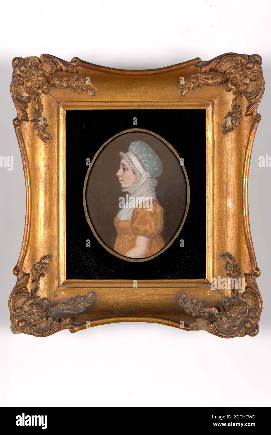 pastel, Anonymous, c. 1815, pastel, wood, glass, gilding, plaster, paper, General (dimensions according to catalog 1983): 12.6 x 10cm (126 x 100mm), With frame: 26.9 x 24.1 x 5.4cm (269 x 241 x 54mm), Day size: 12.3 x 9.7cm (123 x 97mm), woman's portrait, woman, Pastel portrait of a woman: Allegonda Margaretha Kemp. She is depicted in profile, used to the left. She is wearing a white lace cap and ditto collar on an ocher yellow dress with puff sleeves. It is an oval portrait, supplemented at the top and bottom with a narrow strip of paper. The pastel is not signed. The pastel is framed behind Stock Photo