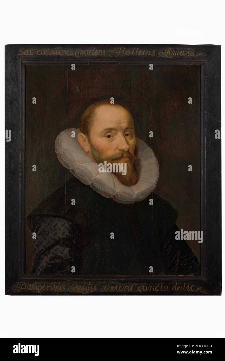 painting, Anonymous, ca. 1600, panel, oil paint, painted, Carrier: 60.9 × 50.6 × 0.7cm (609 × 506 × 7mm), With frame: 70.2 × 61.5 - 1.5cm (702 × 615 × 15mm), man's portrait, Portrait of a man: Anthony Hallet. He is turned a little to the right, his head turned forward and looking at the viewer. He is dressed in dark clothes with a flat white collar above. He wears a beard and a mustache. Not signed. The painting is in a black-painted wooden frame, with Sat Coelo dives, moriens Halletus Amicis Pauperibus, Musis coetera cuncta dedit (Rich enough for heaven, Hallet gave all his other goods to his Stock Photo