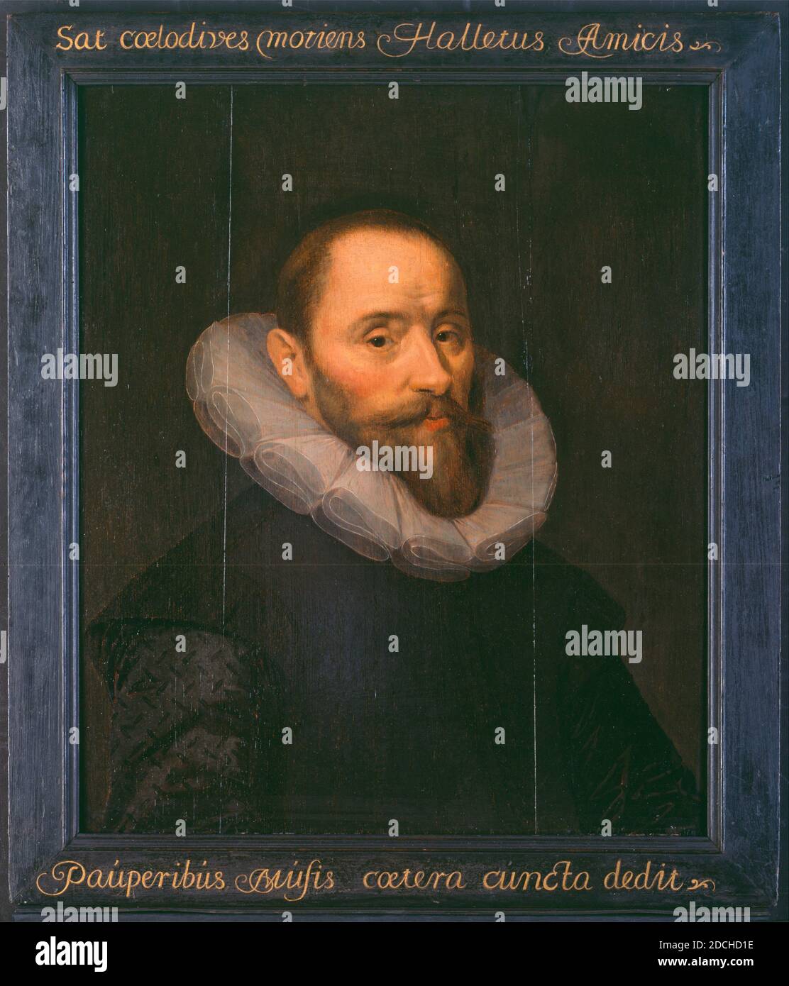 painting, Anonymous, ca. 1600, panel, oil paint, painted, Carrier: 60.9 × 50.6 × 0.7cm (609 × 506 × 7mm), With frame: 70.2 × 61.5 - 1.5cm (702 × 615 × 15mm), man's portrait, Portrait of a man: Anthony Hallet. He is turned a little to the right, his head turned forward and looking at the viewer. He is dressed in dark clothes with a flat white collar above. He wears a beard and a mustache. Not signed. The painting is in a black-painted wooden frame, with Sat Coelo dives, moriens Halletus Amicis Pauperibus, Musis coetera cuncta dedit (Rich enough for heaven, Hallet gave all his other goods to his Stock Photo