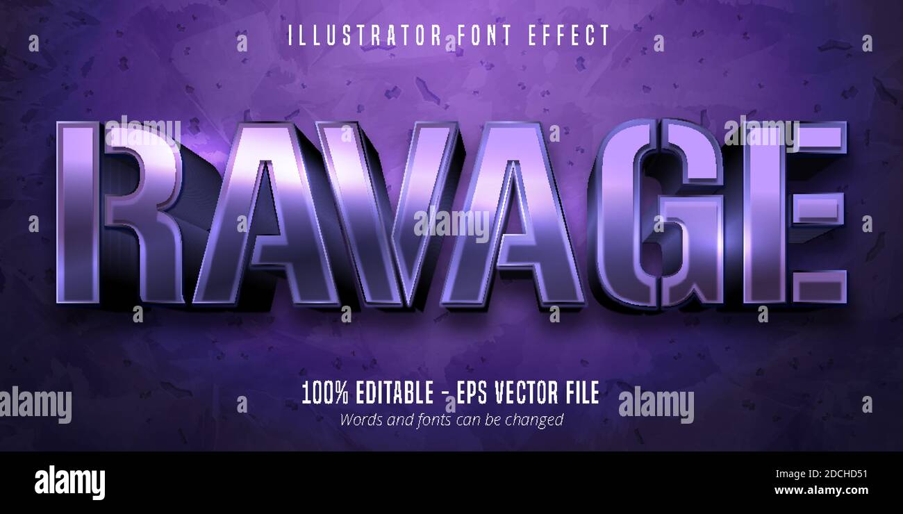 Ravage text, 3d purple metallic style editable font effect Stock Vector