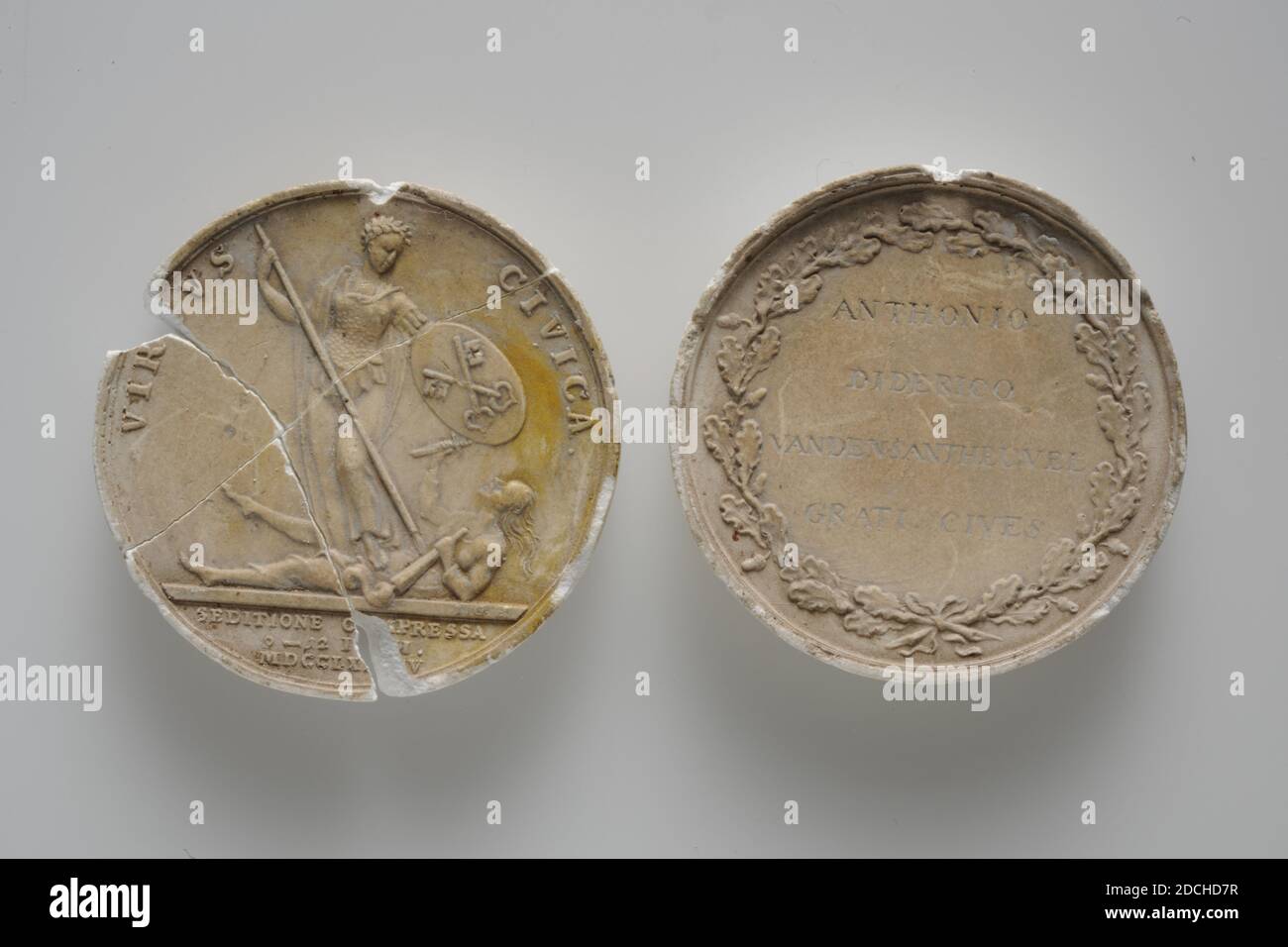 Anonymous, Casts of the front and back of a penny on muting the riot against Trago in 1784, 1784 Stock Photo