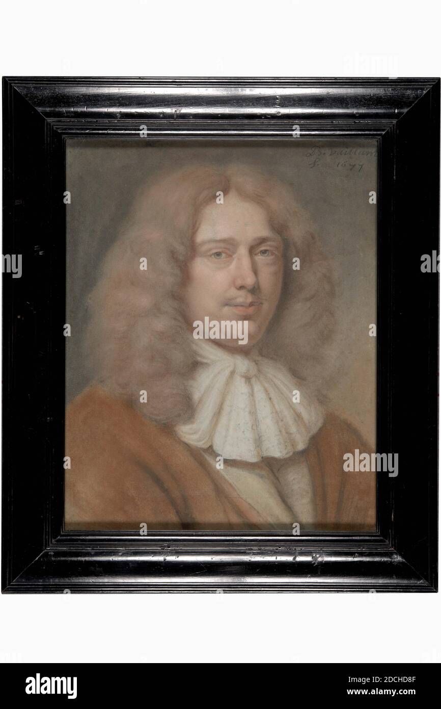 pastel, Bernard Vaillant, 1677, Signature front, top right: B. Vaillant. f.1677, pastel, wood, glass, paper, signed, General (dimensions according to catalog 1983): 40 x 30cm (400 x 300mm), With frame: 52 x 44.1 x 3cm (520 x 441 x 30mm), Clear size : 39.2 x 31.3cm (392 x 313mm), man's portrait, man, Pastel portrait of a man. Identification not entirely certain, but it is probably Engelbert Nicolaasz. the Gijselaar. Bust, turned a little to the right and looking at the viewer. He wears long wavy hair that hangs down to the shoulder, a thin mustache and a brown dressing gown with a wide, white Stock Photo