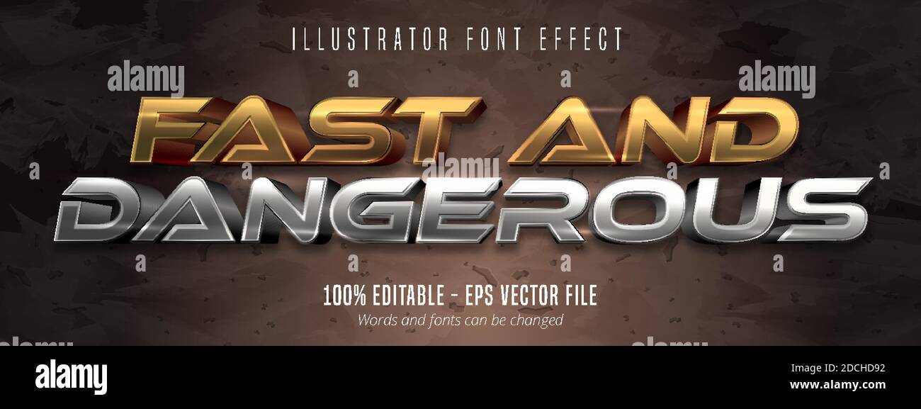 Fast and dangerous text, 3d gold and silver metallic style editable font effect Stock Vector