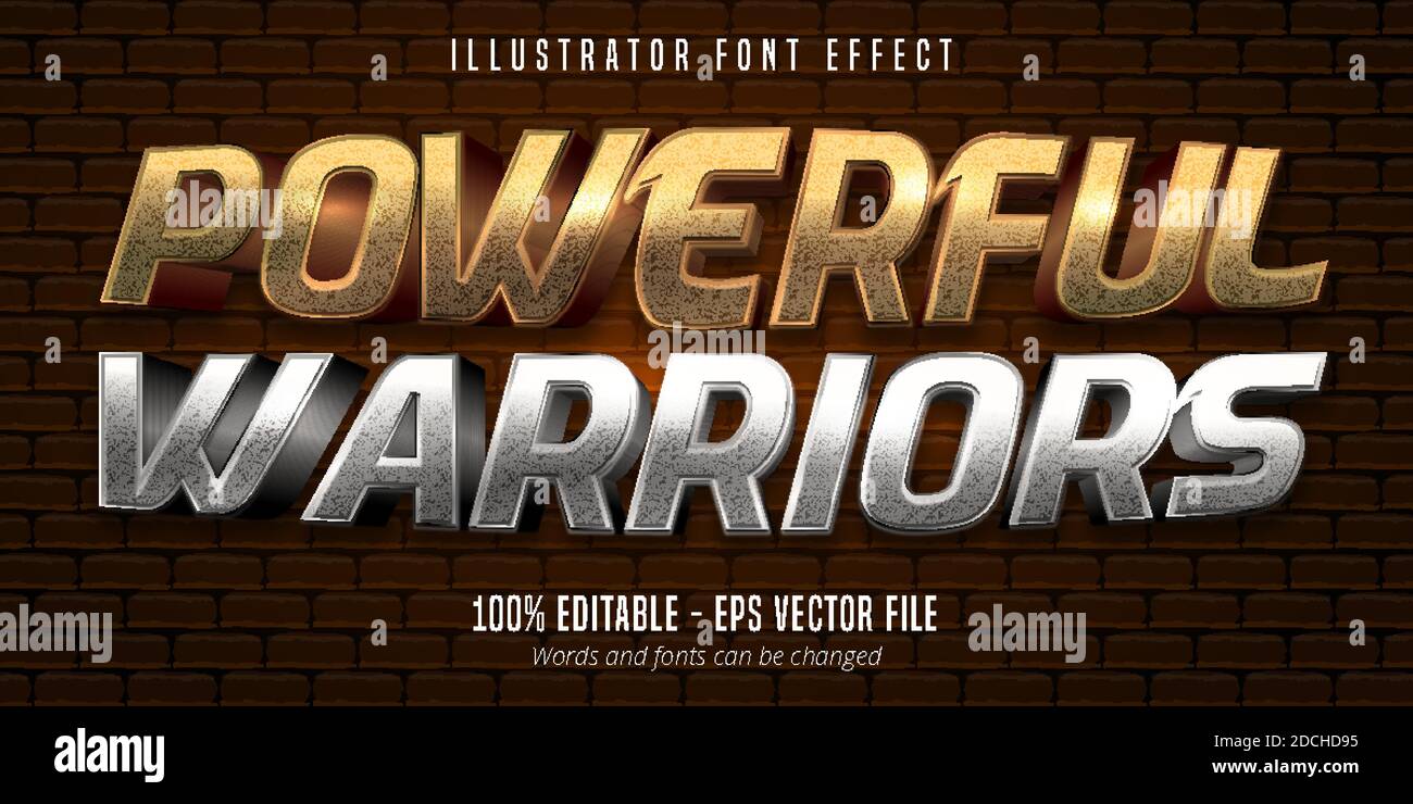 Powerful warriors text, 3d gold and silver metallic style editable font effect Stock Vector