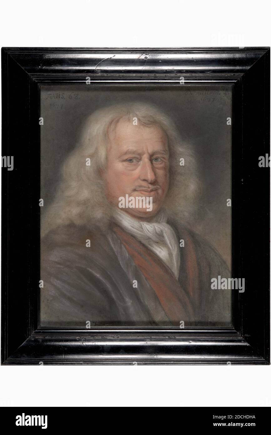 pastel, Bernard Vaillant, 1677, Signature front left top: Aetatis. 68. 1677, top right: B. Vaillant.f. 1677, pastel, wood, glass, lacquer, paper, signed, General (dimensions according to catalog 1983): 40.5 x 32cm (405 x 320mm), With frame: 52.2 x 44.2 x 3.5cm (522 x 442 x 35mm), Inside dimensions: 39 x 31cm (390 x 310mm), man's portrait, Portrait of Mr. Wilhelmus van Alphen. Depicted is a bust, slightly turned to the right and looking at the viewer. The man wears gray hair that hangs down to the shoulders, has a thin mustache and a small chin beard. He threaded a lilac robe, trimmed with a Stock Photo
