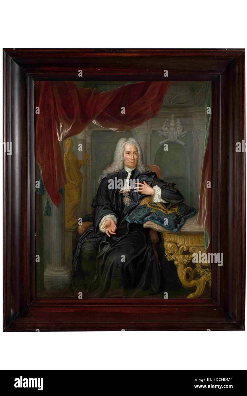 painting, Hieronymus van der Mij, 1746, back: H: vander Mij fec. Leyden Ao 1746, panel, oak, oil paint, painted, Carrier: 51.5 × 41.3 × 1cm (515 × 413 × 10mm), With frame: 64.2 × 54.8 × 5, 5cm (642 × 548 × 55mm), man's portrait, family crest, interior, Portrait of a man: Mr. Johan van den Bergh, a.a.ships and mayor of Leiden, at the age of 82. He is depicted right from the front, sitting in a chair, the left arm supported by a cushion from the Hoogheemraadschap van Rijnland (recognizable by the coat of arms of Count Willem II of Holland), which is placed on a carved, gilded table with marble Stock Photo