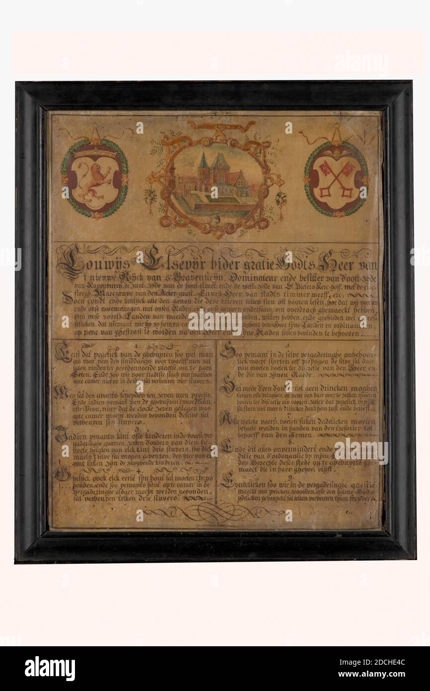 regulations, Anonymous, between 1607-1617, parchment, ink, Carrier: 74.5 × 57 × 0.03cm (745 × 570 × 0.3mm), With frame: 83.5 × 69 × 3cm (835 × 690 × 30mm), city coat of arms, weapon (sign), prison, lead, Regulations on parchment of the neighborhood of Gravesteen, according to the first lines of the text under the management of Louwijs Elsevier, Lord of the new Rijck van 's-Gravesteijn, Dominateur and owner of the east side of Rapenburch, the south side of the Houtstraet and the west side of St. Pieters Kerck-hoff, with the Clock lane, Marckgrave van den Ackergraft. And free-Lord of Stock Photo