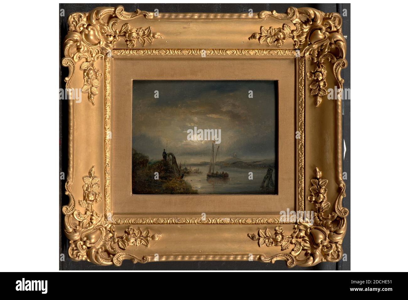 painting, Anonymous, c. 1860, Signature front, bottom left: Jongkind ft 60 [or 62?] [false], panel, oil paint, painted, Carrier: 14.5 × 18.4 × 0.5cm (145 × 184 × 5mm), With frame: 30.2 × 34.5 × 4.5cm (302 × 345 × 45mm), river view, sailing vessel, fishing, man, moon, Painting depicting a river view by moonlight . A river extends from right front to the center. On the left a high bridge leads over a side water; there is an angler at the bridge. A sailing ship sails in the middle of the river. At the far right front is a bollard. Hills can be seen on the other side of the river on the right Stock Photo