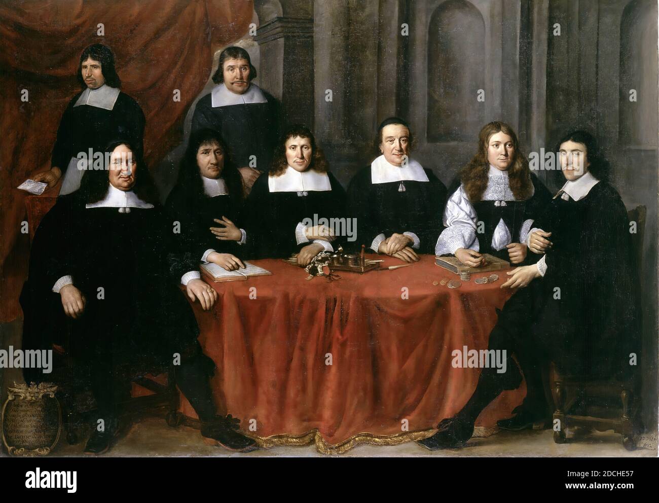 painting, Jan de Vos (IV), 1659, Signature front, bottom left: J.D. Vos fecit Ao 1659, canvas, oil paint, 141 x 239.5 cm, painting depicting regents and inner fathers of the St. Catherine's guest house. Group portrait in the original carved frame with the weapons and (not everywhere correct) names. Sitting around a table covered with a smyrna carpet, visible below the knees, men in black robes with square flat white collars dressed with white tassels. On the left of the table is a parchment-bound book, with St. Catharinen Gasthuijs 1659, with a pewter ink set. The background shows barely Stock Photo
