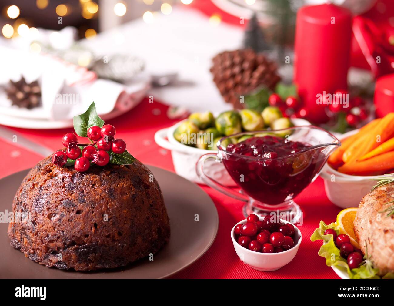 Table served for Christmas dinner.Traditional celebrating holiday Stock