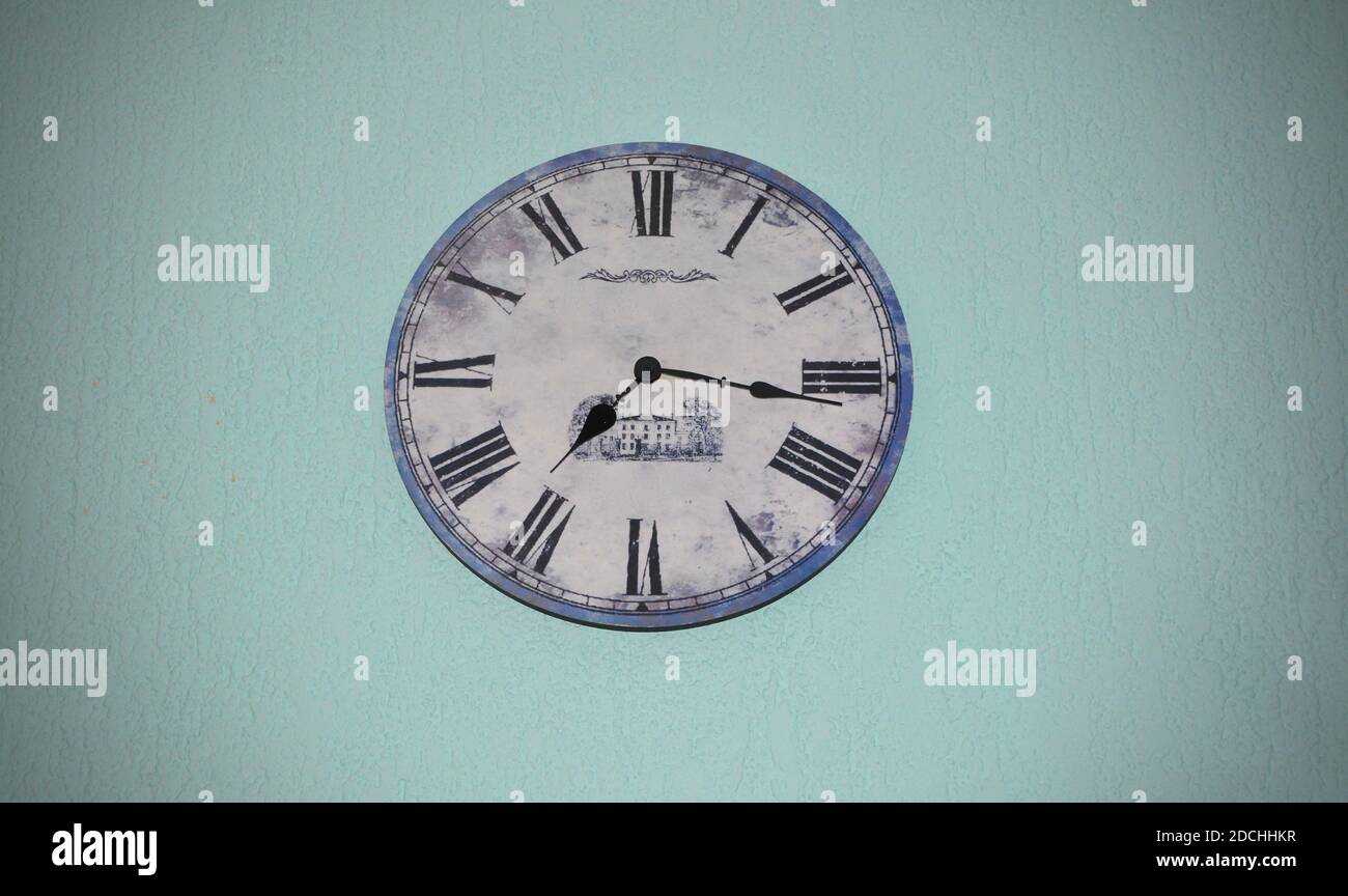 Round clock hanging on blue wall.vintage vector wall clock for isolated