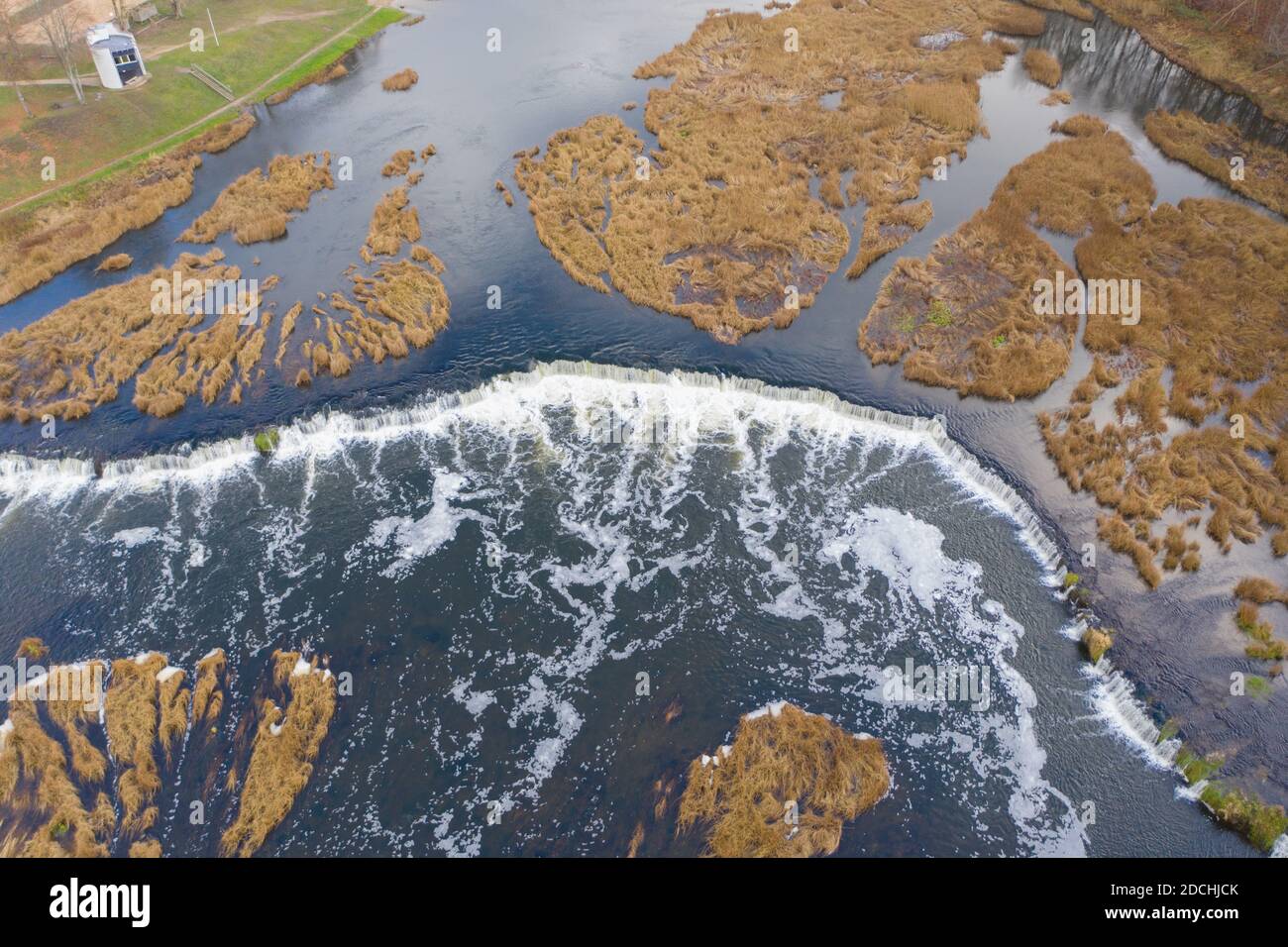 Aerial view of Venta Rapid (Ventas Rumba) waterfall. Widest waterfall in Europe located in Kuldiga Stock Photo