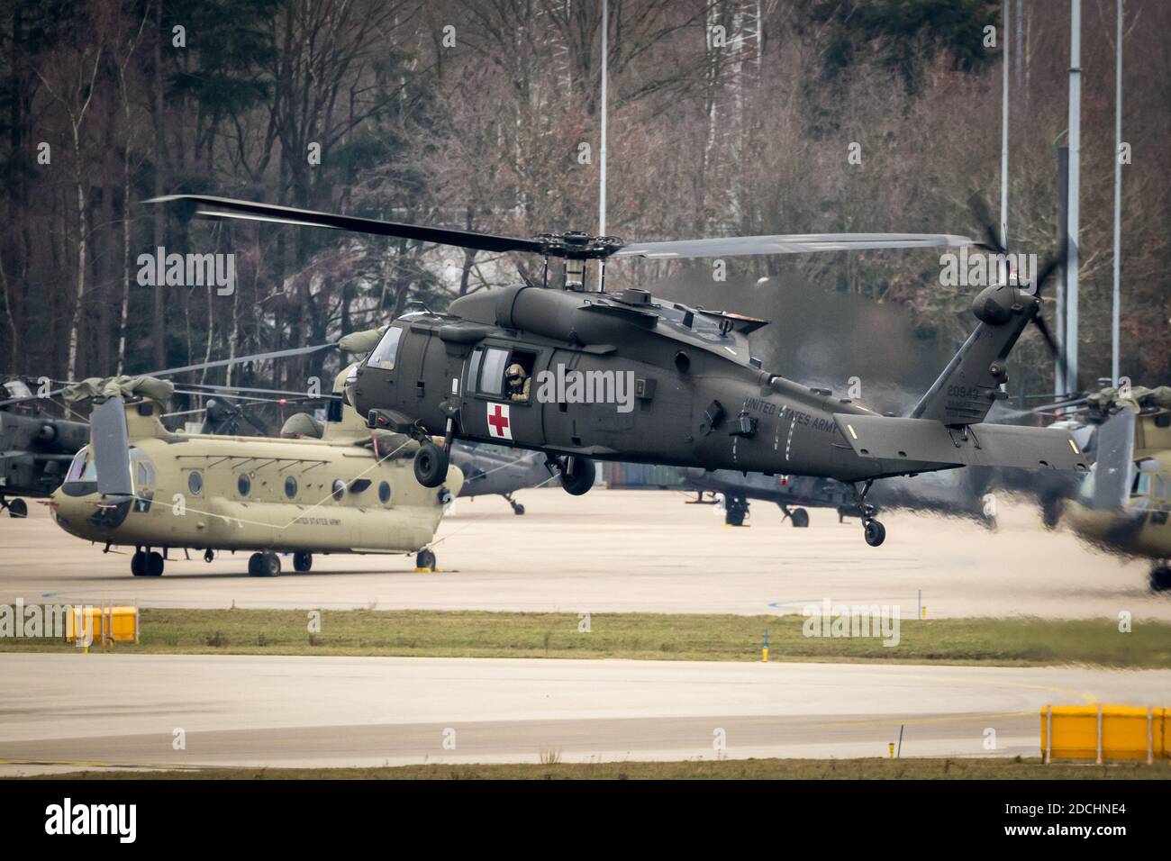 United States Army Sikorsky HH-60M Blackhawk transport helicopter in flight. The Netherlands - February 4, 2019 Stock Photo