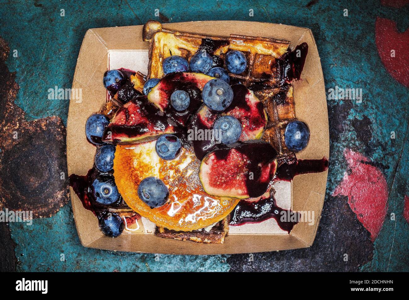Waffles with figs and blueberries at Maltby Street Market, London, UK Stock Photo