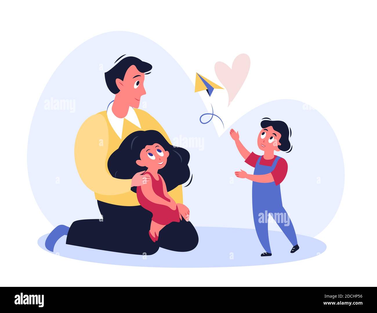 Father time vector illustration, cartoon flat family characters launch paper plane, spend happy fun time together concept isolated on white Stock Vector