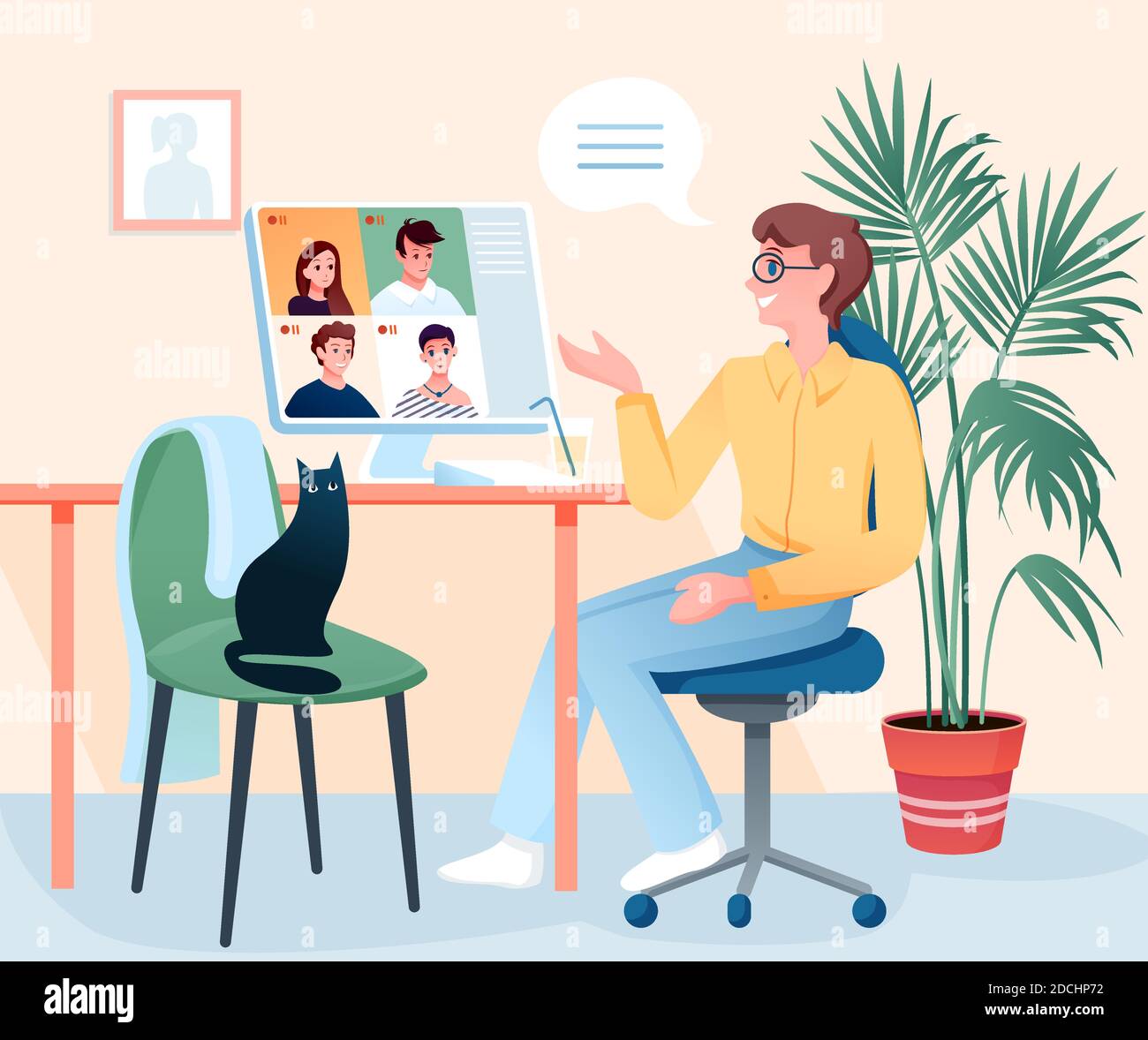 African girl friends chat online. Girl sitting in a chair in front of a  laptop and speaks with friend. Video conference, online chat concept.  Working or online meeting from home. Vector illustration.