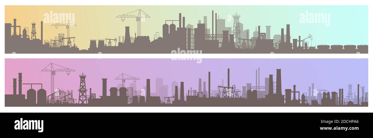 Industry, manufacture landscapes vector illustrations, cartoon flat urban industrial site or zone with manufacturing plants silhouettes Stock Vector