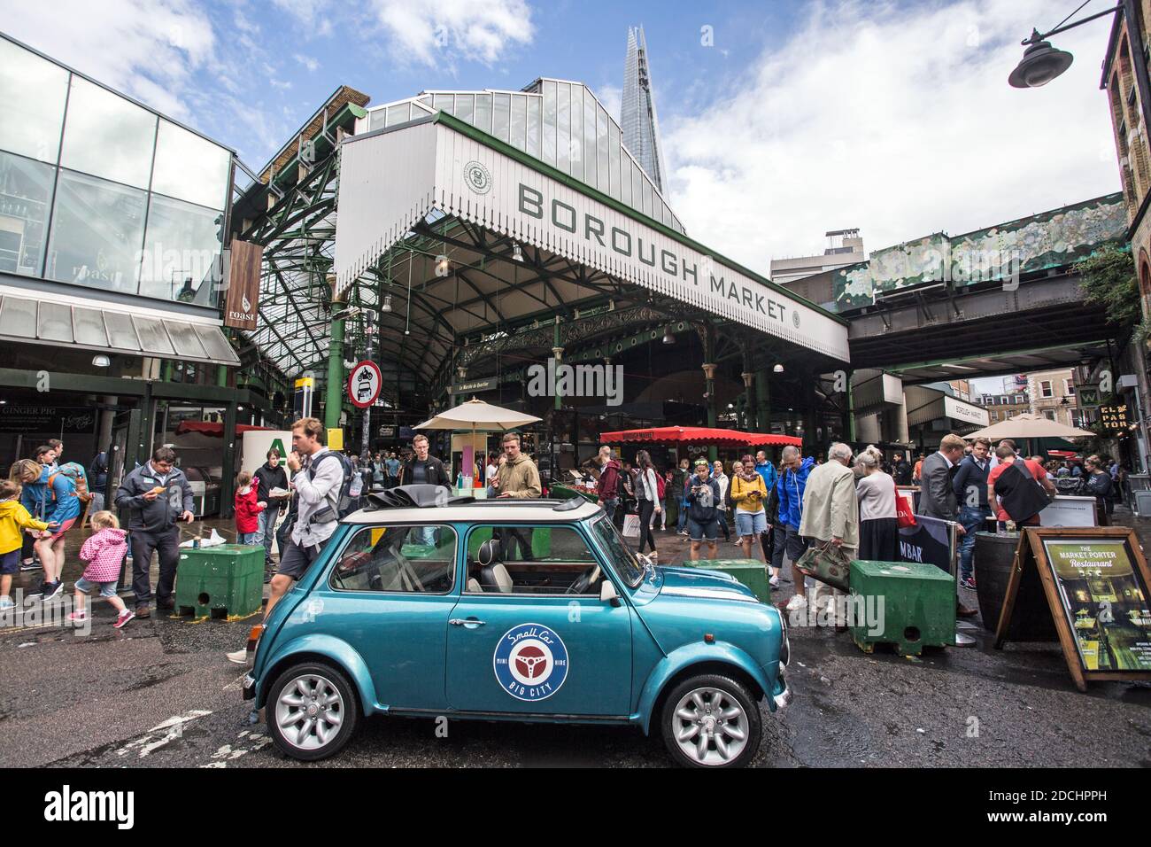 Great Britain / England /London / Mini motor car parked on street in fron of Borough Market. Stock Photo