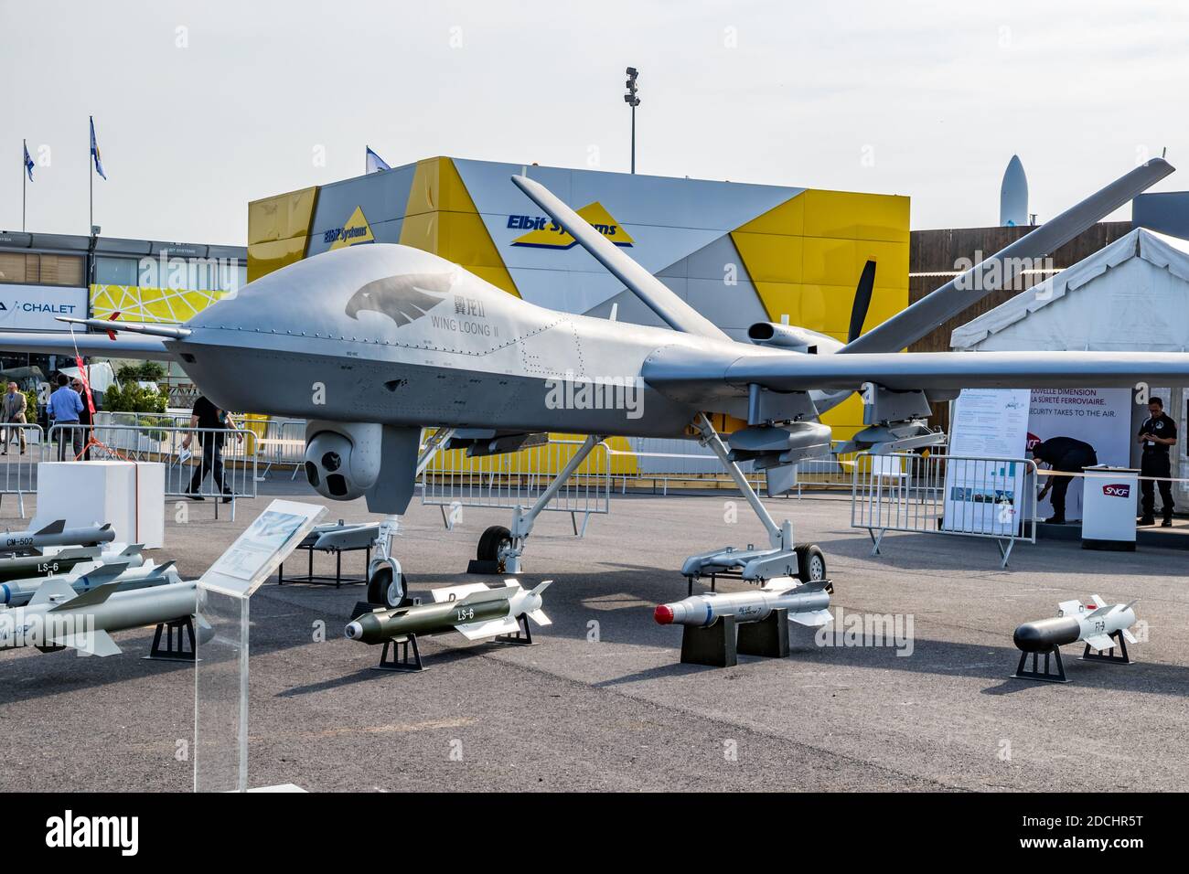 Chinese Chengdu Aircraft Industry Group (CAIG) Wing Loong II  military UAV drone showcased at the Paris Air Show. France - Jun 22, 2017 Stock Photo